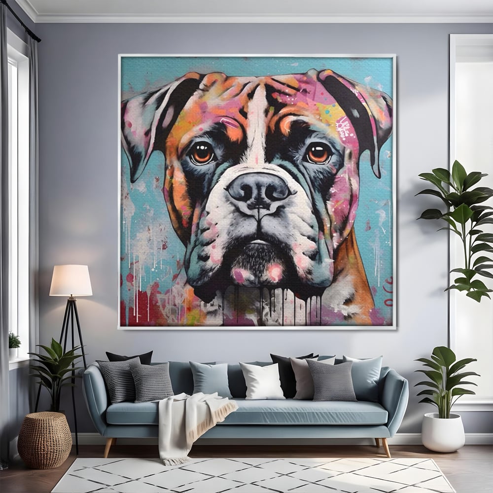 Tablou canvas cu tablou canvas cu cap de boxer, in rama de aluminiu argintiu, pe perete intr-un living